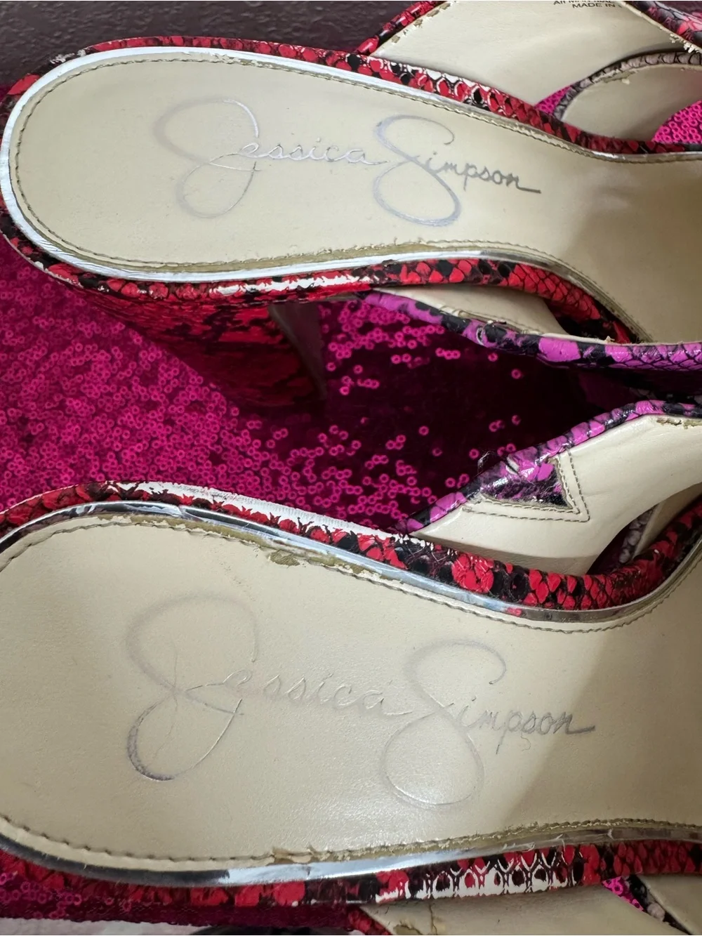 JESSICA SIMPSON 💖 Hot Pink & Red Snake-Print Platform Mule Heels (Women’s 8.5)
